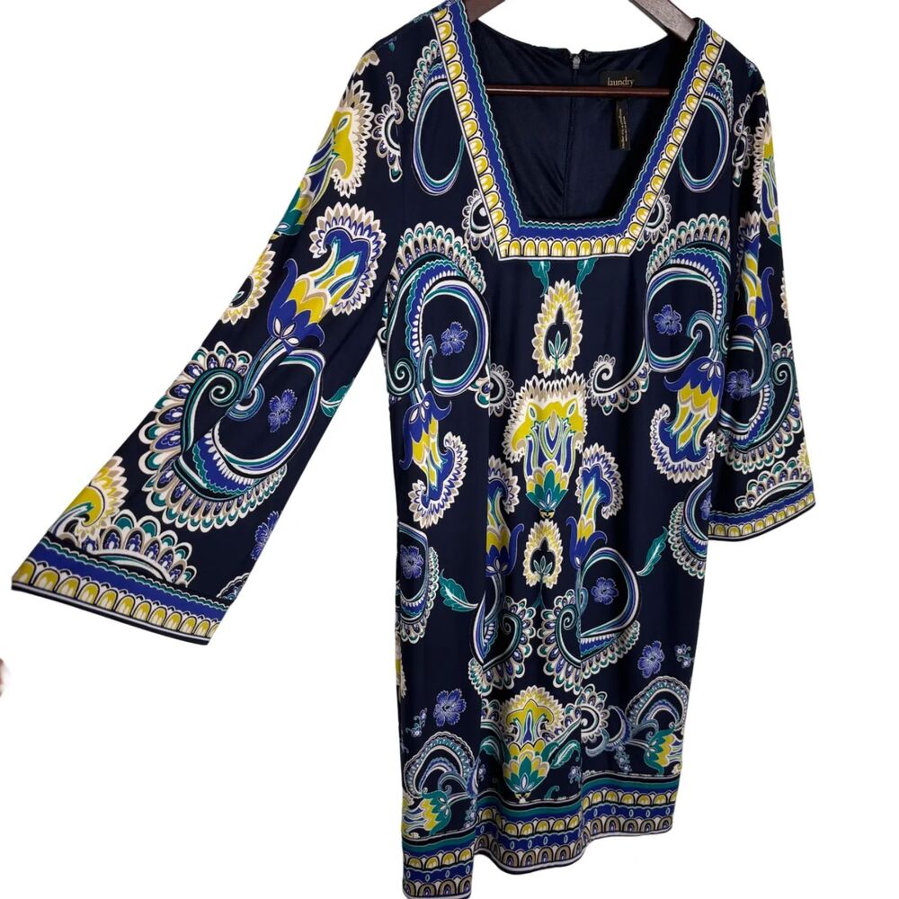 Laundry by Shelli Segal Blue Floral Dress Women's 10 Square Neck 3/4 Sleeves